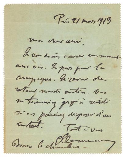 CLEMENCEAU Georges (1841-1929) Lettre autographe signée, Paris 21 mars 1913, à Paul...