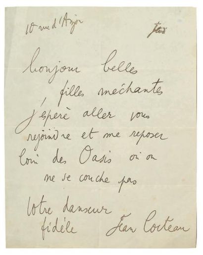 COCTEAU Jean (1889-1963) Lettre autographe signée, 10 rue d'Anjou; 1 page in-4. «Bonjour...