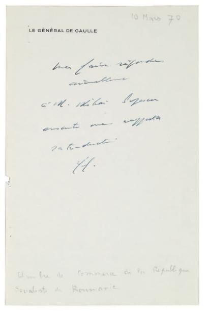 GAULLE Charles de (1890-1970) Note autographe signée «CG», [10 mars 1970, à son secrétaire...