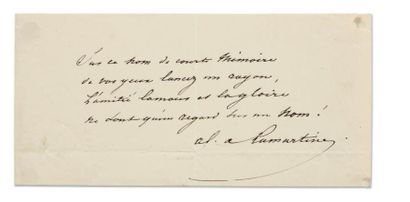 LAMARTINE Alphonse de (1790-1869) Poème autographe signé; 1 page obl. in-12 collée...