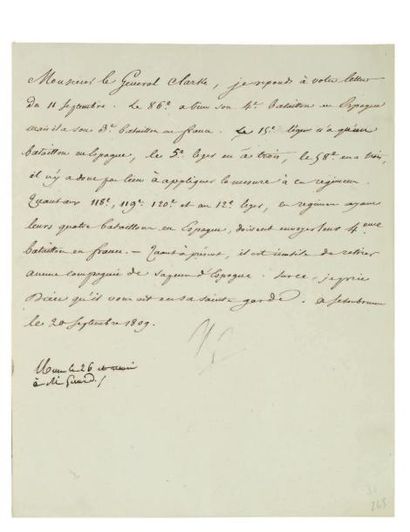 NAPOLEON Ier Lettre signée «NP», Schoenbrunn 20 septembre 1809, au général Clarke;...