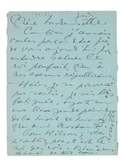 NOAILLES Anna de (1876-1933) Lettre autographe signée, Jeudi [19 décembre 1918],...