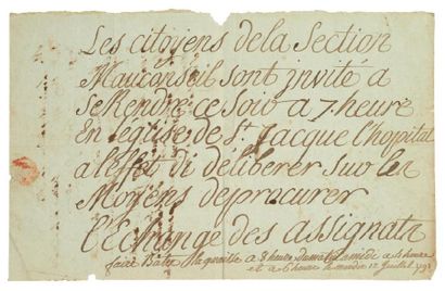 null RÉVOLUTION. Affichette manuscrite, 12 juillet 1791; 1 page obl. in-fol. Curieuse...