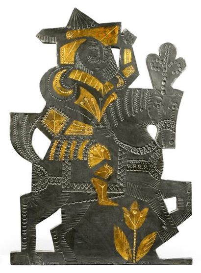 ROGER CAPRON (1920-2006) Bas relief modèle «Cavalier» Plomb en partie émailé Signé...