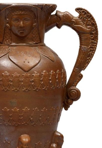 JULES ZIEGLER Vase en grès brun nommé Vase Egyptien, de forme canopienne, à deux...