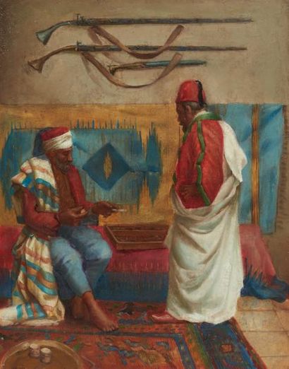 ÉCOLE OTTOMANE VERS 1800 Scène d'intérieur: deux personnages en costume traditionnel...