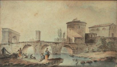 VICTOR JEAN NICOLLE (PARIS 1754-1826) Lavandières près d'un pont dans un paysage...