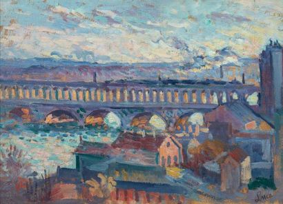Maximilien Luce (1858-1941) Le viaduc d'Auteuil Huile sur papier marouflé sur toile....