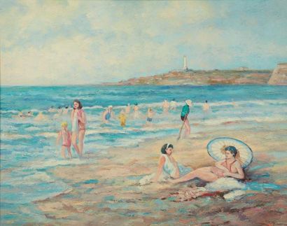 YVONNE SERRUYS (1873-1953) Scène de plage Huile sur toile. Signée en bas à droite....