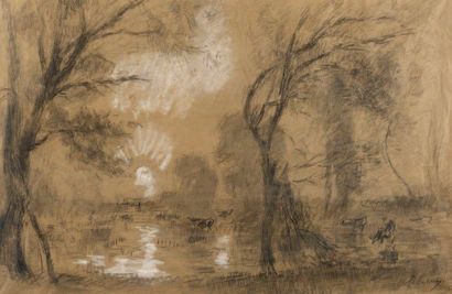 ALBERT LEBOURG (1849-1928) Effet de soleil couchant Fusain et craie blanche sur papier....