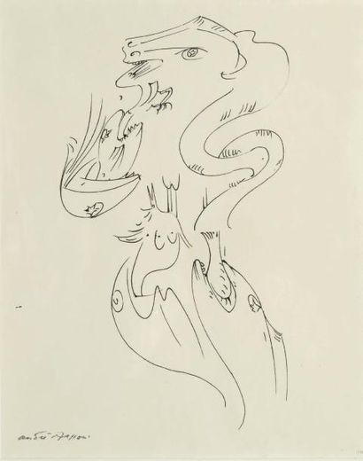 André MASSON (1896-1987) Chaval attaqué par des poissons, 1929 Encre sur papier....