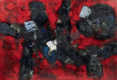 JUN DOBASHI (1910-1978) Composition rouge, 1961 Huile sur toile. Signée et datée...