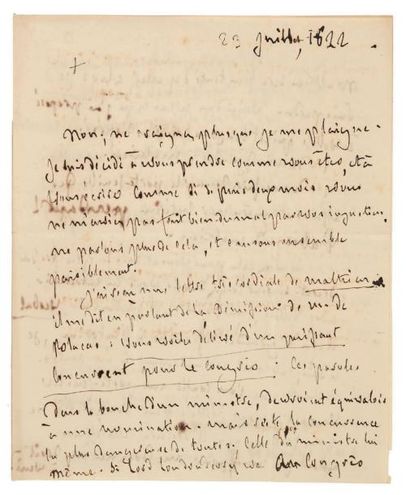 François de CHATEAUBRIAND 2 Lettres autographes, [Londres] 19 et 23 juillet 1822,...