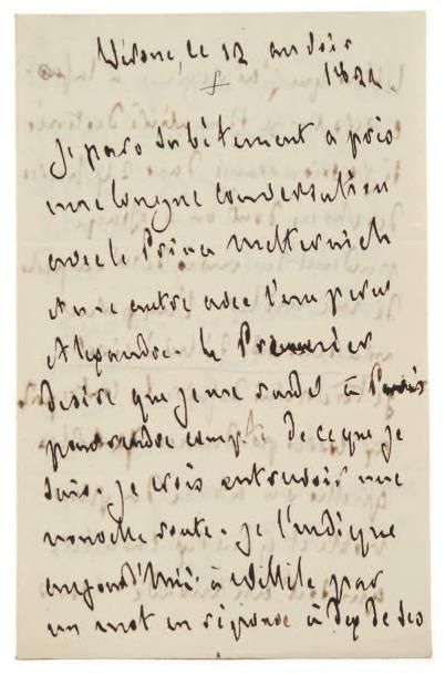 François de CHATEAUBRIAND Lettre autographe, Vérone ce 12 [décembre] au soir 1822,...