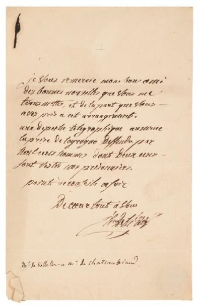 Joseph de VILLÈLE Lettre autographe signée, [18 avril 1823?], à Chateaubriand, ministre...