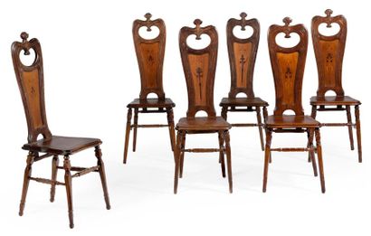 TRAVAIL FRANÇAIS ART NOUVEAU Suite de six chaises Acajou et marqueterie de bois à...