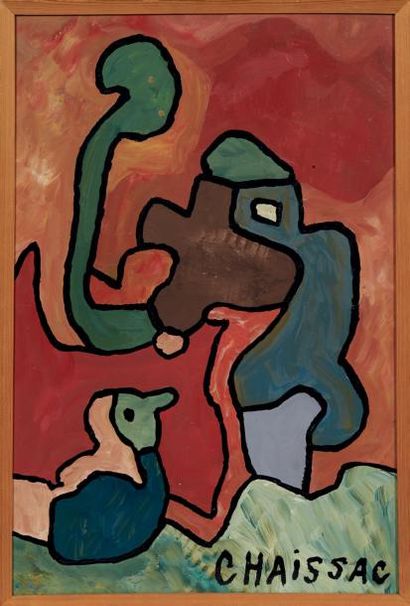 Gaston CHAISSAC (1910-1964) Composition, fond rouge, base verte, circa 1961-1962...