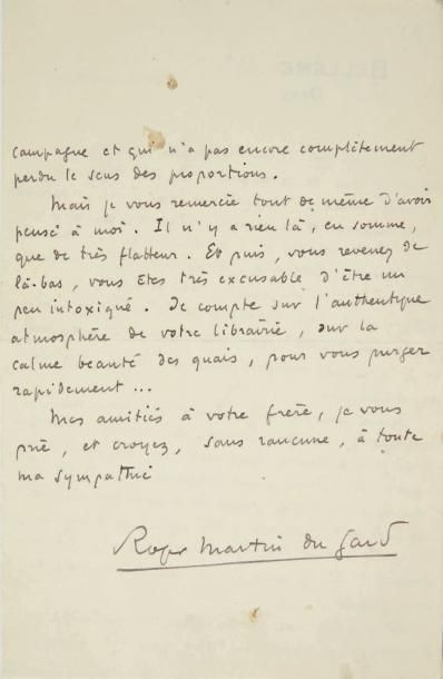 MARTIN DU GARD Roger (1881-1958) Lettre autographe signée, Bellême (Orne) 10 mars...