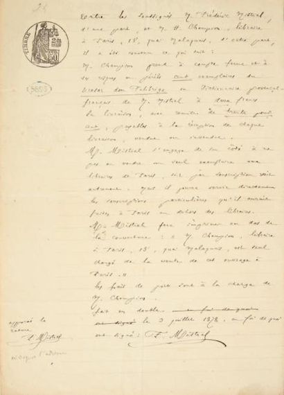 MISTRAL FRÉDÉRIC (1830-1914) Pièce autographe signée, 3 juillet 1878; 1 page in-4...