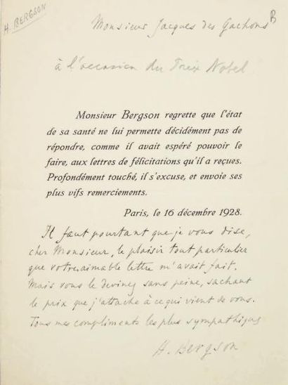 BERGSON Henri Lettre autographe signée à la suite d'une lettre imprimée, Paris 16...