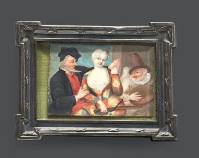 ÉCOLE VÉNITIENNE VERS 1750 Scène de la Comedia del Arte animée de trois personnages....