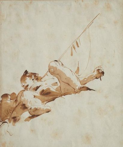 GIOVANNI BATTISTA TIEPOLO (VENISE 1696 - 1770) Figure plafonnante avec un étendard...