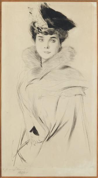 Paul César HELLEU (Vannes 1859 - Paris 1927) Madame Chéruit au chapeau noir et col...