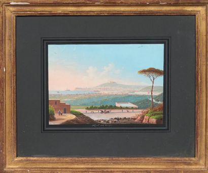 École Napolitaine du XIXe siècle Vue du port de Naples près de Carmine Gouache. H_40,2...