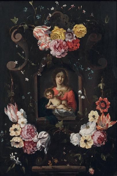 ECOLE FLAMANDE VERS 1650, ENTOURAGE DE DANIEL SEGHERS ET DE CORNELIS SCHUT Vierge...