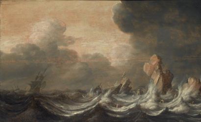 ATTRIBUÉ À JAN PORCELLIS (1583 - 1632) Marine par temps agité Panneau de chêne, deux...