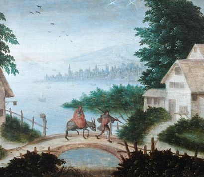 JACOB GRIMMER (Anvers vers 1526 - après 1589) Paysage avec la Fuite en Égypte Panneau...