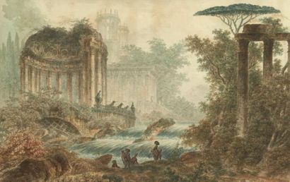 Attribué à Hubert Robert (1733 - 1808) Paysage au temple rond en ruine et à la cascade...