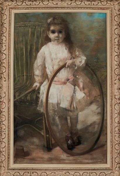 Henri Gervex (1852 - 1929) Portrait d'enfant au cerceau Pastel. Signé en bas à droite...