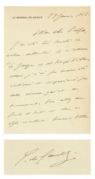 GAULLE (Charles de) Lettre adressée à Armand Ziwès. Sans lieu, le 29 janvier 1955....