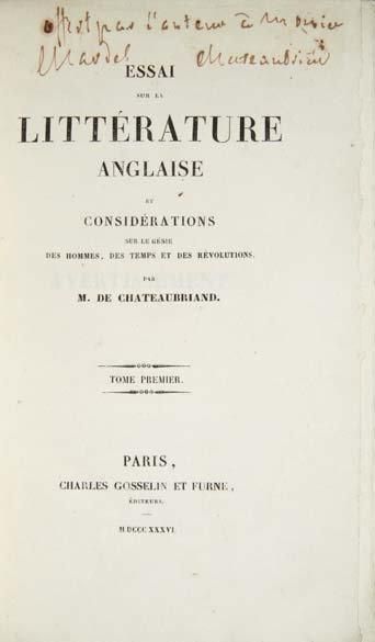 CHATEAUBRIAND (François-René de) Essai sur la littérature anglaise et Considérations...