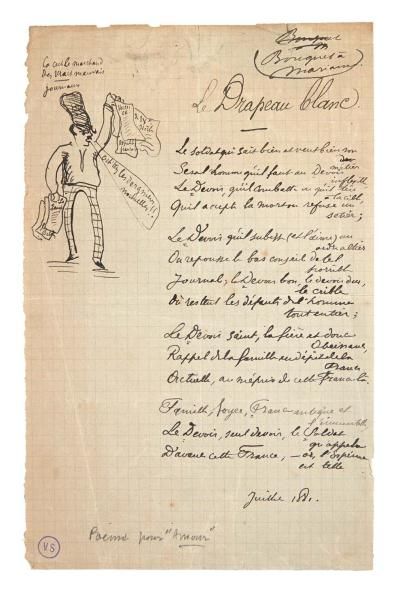 VERLAINE (Paul) Le Drapeau blanc. Sans lieu, juillet 1881. Manuscrit autographe orné...