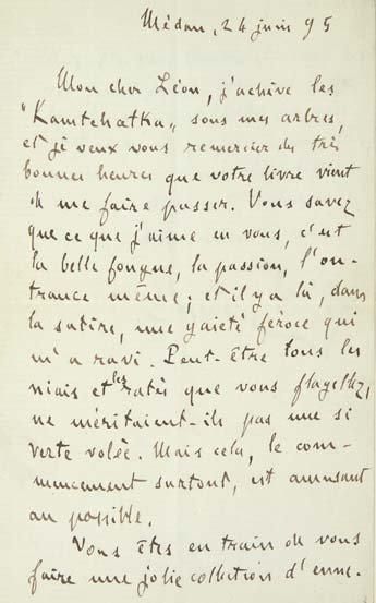 ZOLA (Emile) Lettre à Léon Daudet. Médan, 24 juin 95. Lettre autographe signée Emile...