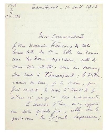 FOUCAULD (Charles de) Lettre à un commandant. Tamanrasset, 16 avril 1912. Lettre...