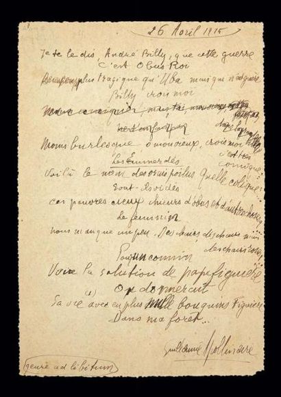 APOLLINAIRE (Guillaume) Lettre adressée à André Billy sous la forme d'un poème. 26...
