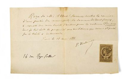 VERLAINE, Paul. Billet autographe signé, daté, 18 mai 1888 : « Reçu de Monsieur Albert...