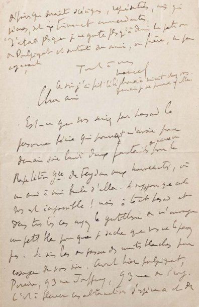 PROUST, Marcel. Lettre autographe signée, une page in-8, non datée. A un ami. Proust...