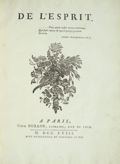 [HELVÉTIUS (Claude-Adrien)] De l'esprit. Paris, Durand, 1758. In-4 de (2) ff., XXII,...
