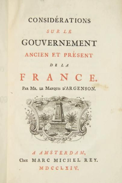 ARGENSON (René-Louis de Voyer de Paulmy, Marquis d') Considérations sur le gouvernement...