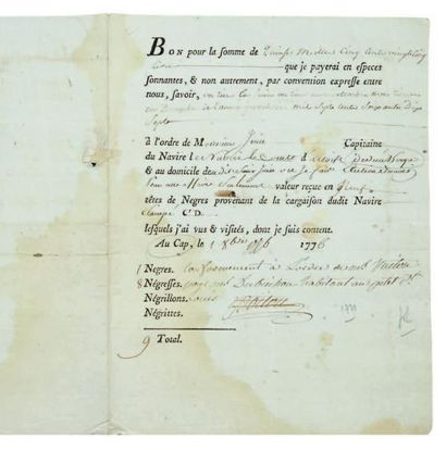 null [ESCLAVAGE]. Contrat de vente d'esclaves. Le Cap, 1er octobre 1776. Document...