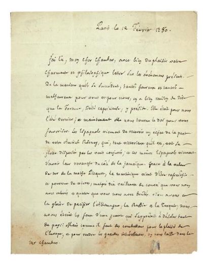 ARGENSON (Antoine René de Voyer, marquis de Paulmy d') Lettre adressée à Mr. Chambers....