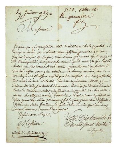 LA FAYETTE (Gilbert Motier, marquis de) Lettre à la Municipalité de Paris. 29 juillet...
