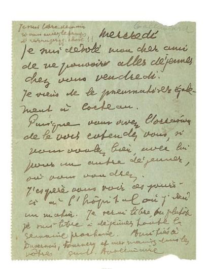 APOLLINAIRE Guillaume (1880-1918) Lettre autographe signée, mercredi [1918], à Paul...