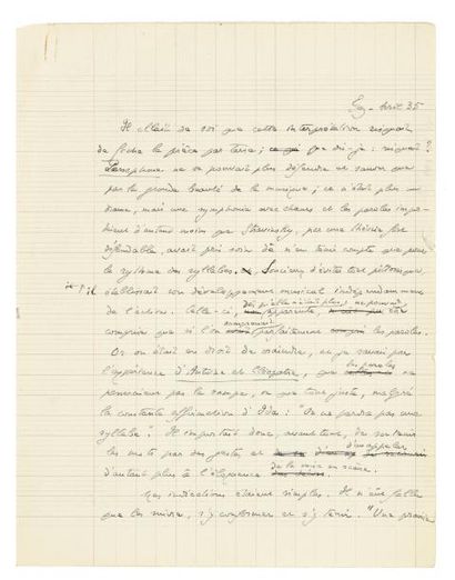 GIDE André Manuscrit autographe, Fez avril 1935; 4 pages in-4 sur papier quadrillé...