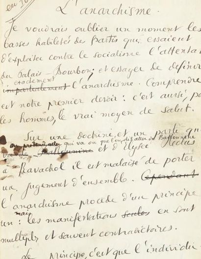 JAURÈS Jean (1859-1914) Manuscrit autographe signé, L'Anarchisme, [décembre 1893];...