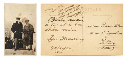 STRAWINSKY Igor (1882-1971) Carte autographe signée, Nice 30.XII.1926, à Jean Cocteau;...